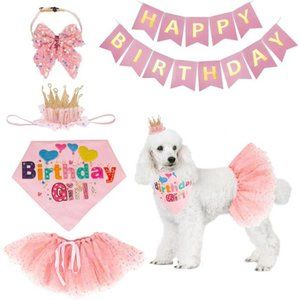Dog Birthday Hat Bandana Girl - Puppy Party Supplies Pink Tutu Scarf Bow Banner